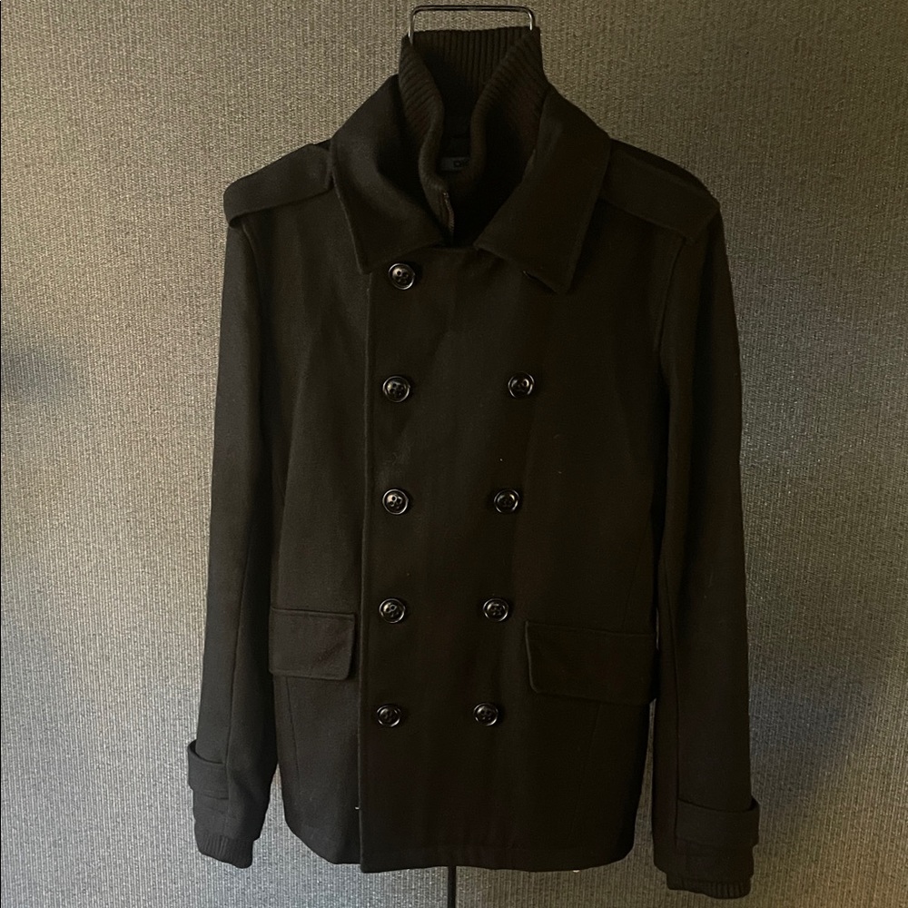Men's Black Double-Breasted Military Style Peacoat - Picture 2 of 5